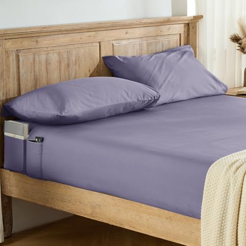 Entisn Pure Cotton Fitted Sheet, Side Pockets, Twin (Lavender) - 400 Thread Count, 16-Inch Deep Pocket, Breathable Cotton, Side Storage Pockets, Machine Washable