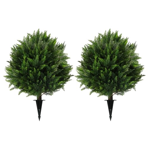 "Sunnyglade Set of 2 Artificial Cedar Topiary Ball Trees, Faux Cedar Shrub Bushes with Ground Spike 25.5"", UV Resistant Fake Cedar Plants for Indoor, Garden, Yard, Porch, Patio Decor (Green)"
