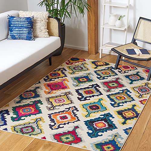 Safavieh Boho Chic Indoor Woven Rectangle Area Rug, Monaco Collection, MNC239, in Ivory / Multi, 155 X 231 cm for Living Room, Bedroom or Any Indoor Space