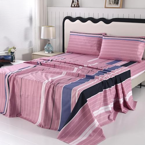 SDIII 4PCS Pink Striped Twin Sheets Set, Soft Microfiber Striped Sheets Twin, Wrinkle and Fade Resistant, Hot Pink Stripe Bed Sheet Set, Hotel Luxury