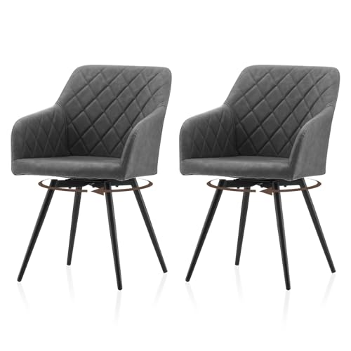 TUKAILAi Dining Chairs Set of 2, 360° Swivel Upholstered Kitchen Armchairs with Backrest and Metal Legs, Faux Leather Chairs for Home Office Bedroom Living Room Lounge(A – Light Grey,Pack of 2)