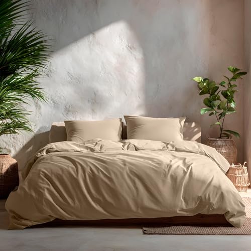 GAMUSI - Single Bed Linen Set, 100% Cotton, Duvet Cover 220 x 220 cm and 2 Pillowcases, Breathable, Soft, Stone Colour