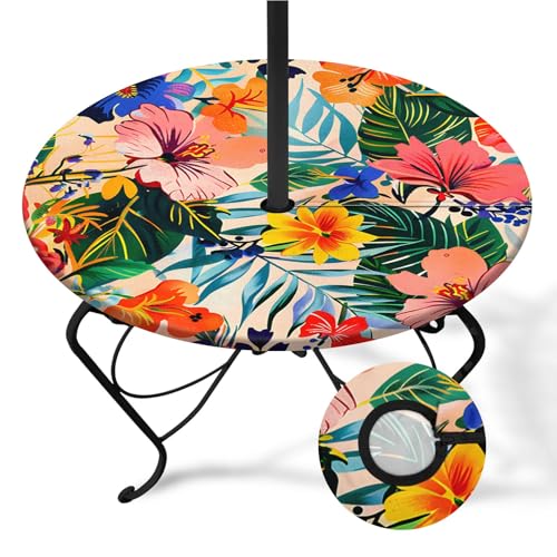 Britown Tropical Palms Round Outdoor Tablecloth With Umbrella Hole, Summer Fitted Table Cover With Zipper, Waterproof Windproof Umbrella Table Cloth with Elastic(36''-44'')