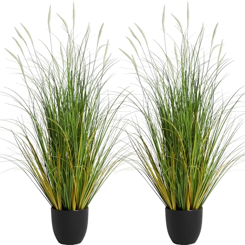 KOL 3ft 2-PACK Artificial Cattail Reed Grass, 35in Artificial Indoor Outdoor Fake Onion Grass Plant, Home Office Decorative Artificial Plants in Pot Faux Plant Greenery, Housewarming Gift Grass, White