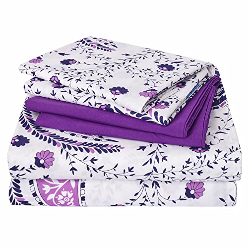 JSD 6 Piece Purple Paisley Sheet Set King Size, Soft Printed Microfiber Sheets with 4 Pillowcases Deep Pocket