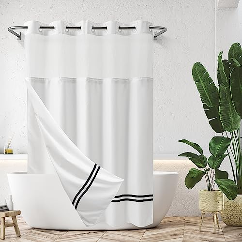 "River Dream Shower Curtain with Snap in Liner,No Hooks Needed Shower Curtain for Bathroom,Hotel Grade,Machine Washable,71"" Wx74 H, White and Black Stripe and Magnets"