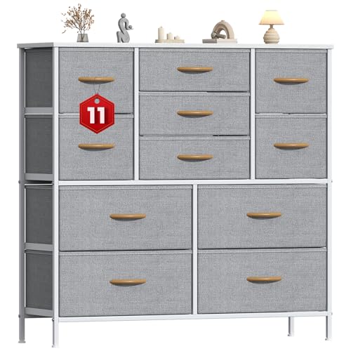 GoaHi Chest of Drawers, Large Dressers with Metal Frame and MDF Wooden Top Board, Adjustable Feet, Anti-Tip Safety, Storage Unit with 11 Drawers for Bedroom, Living Room, Closet, Office Light Gray