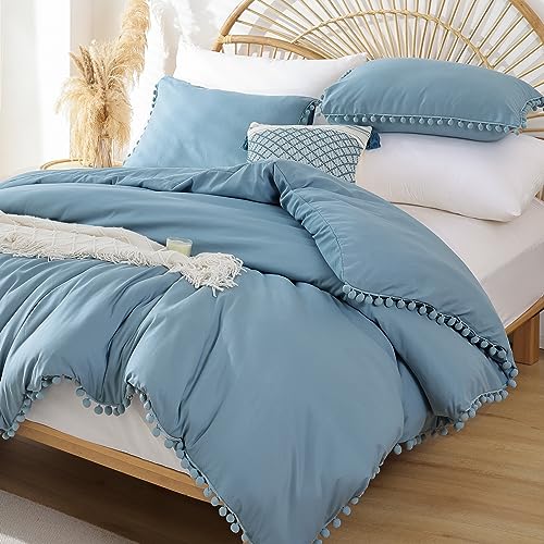 "YIRDDEO Queen Comforter Set - Comforter Queen Size Sets with Ball Pom Fringe, Soft Bedding Set for All Seasons - 3 Pieces, 1 Comforter (90""x90"") & 2 Pillow Shams (20""x26""), Dusty Blue"