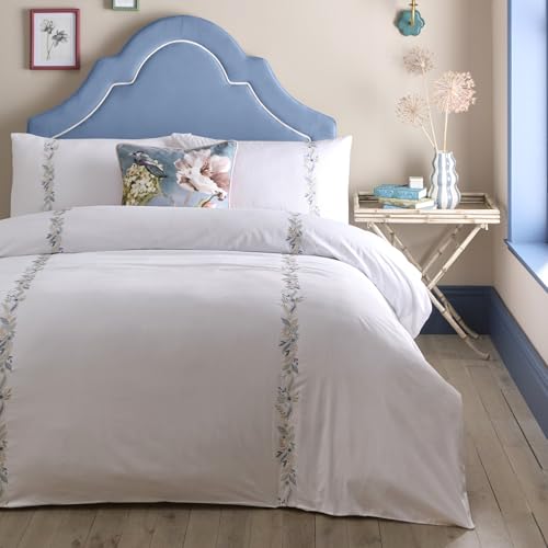 Appletree - Floral Embroidery White Duvet Cover - Super King Bedding Size (260 x 220cm) - Soft 200 Thread Count - 100% Natural Cotton - 2 Pillowcases - Luxury White Bedding with Flower Embroidery