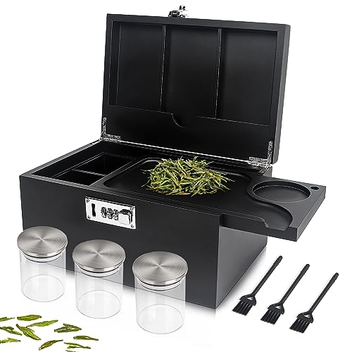 lotmusic Large Storage Box with Removable Slide-Out Tray,Bamboo Decorative Box with 3-Pack Glass Jars Cleaning Brushes,Home Decoration Black Storage Box with Combination Lock for Gifts