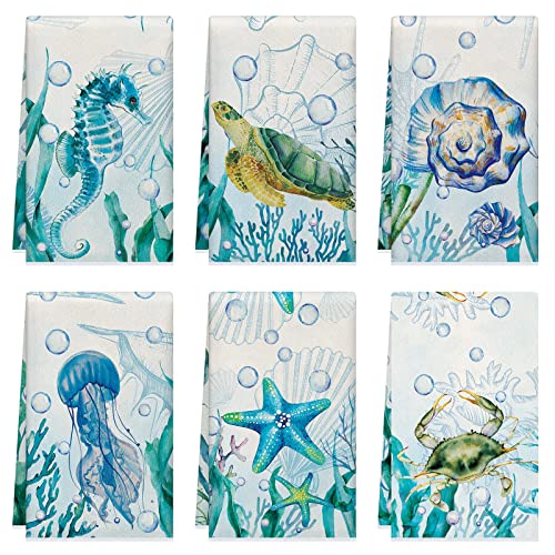 Tudomro Set of 6 Ocean Themed Polyester Kitchen Towels, Hand Towels, Tea Towels, Beach Cloth, Nautical Kitchen Towels, Farmhouse Hand Towels, Housewarming Gift for Home