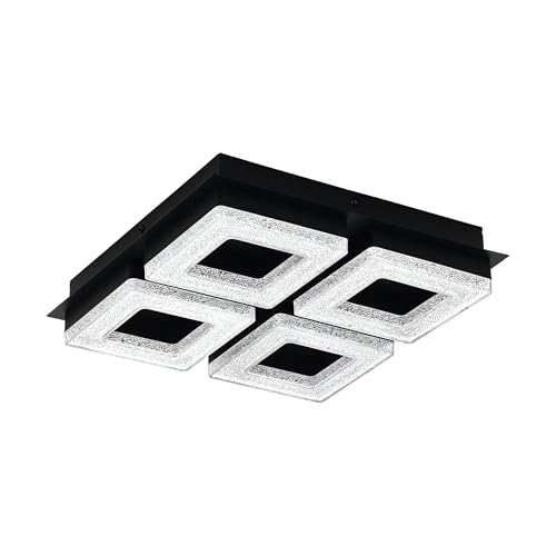 EGLO LED Ceiling Light Fradelo 1, 4 Light Crystal Lighting Made of Black Metal and Clear Plastic, Warm White Square Living Room and Bedroom Lamp, 28 cm