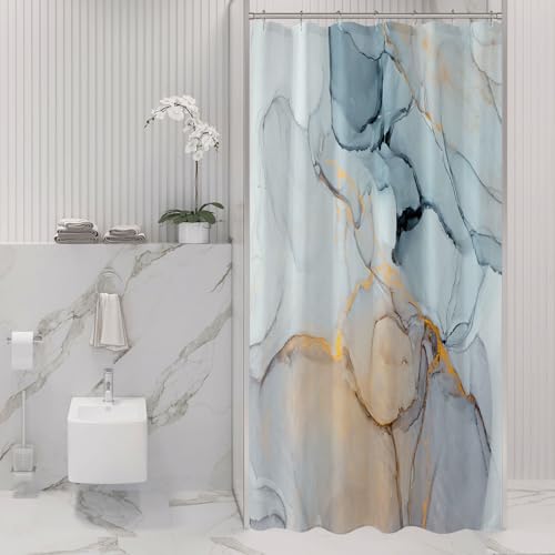 Gibelle Small Stall Shower Curtain 36 x 72, Narrow Half Abstract Grey Blue Marble Shower Curtain, Modern Ink Art Waterproof Fabric Shower Curtain Set with Hooks