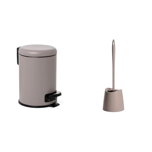 TATAY Stainless Steel Bathroom Waste Bin with Pedal, 3L Capacity, Color Taupe. + Toilet Brush WC-Standard, Polypropylene, Taupe, One Size