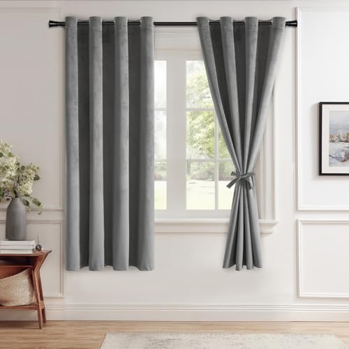JIUZHEN Grey Velvet Curtains 72 inches Blackout Curtains for Living Room - Privacy Protect Room Darkening Grommet Thick Velvet Window Drapes for Bedroom, Set of 2 with Tiebacks, 52W x 72L
