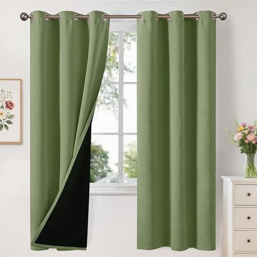YoungsTex 100% Blackout Curtains 72 Inch Long for Bedroom, Full Light Blocking Thermal Insulated Drapes with Liner for Living Room Heat Shading, Olive Green, 2 Panels, 42 X 72 Inch