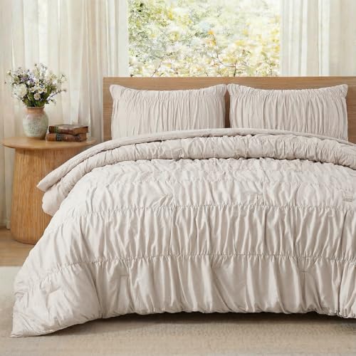Bedbay Beige Wrinkle Duvet Cover Queen,Pure Cotton Ruched Bedding Comforter Cover,Boho Queen Duvet Cover 100% Cotton,Bohemian Dorm Bedding Set for All Seasons
