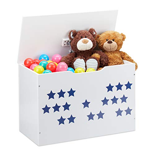 Relaxdays Toy Chest with Lid, Storage for Children, Star Design, also as a Sitting Bench, HWD: 40x60x30 cm, White/Blue