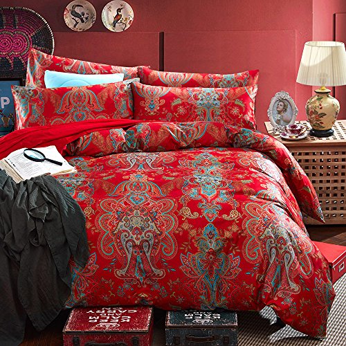 mixinni Red Paisley Comforter Sets Full Size Bed Shabby Chic Print Comforter All Season 3 Pieces 1 Fluffy Soft Comforter with 2 Pillow Shams-Full Size