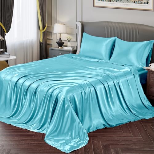 Vonty Queen Size Satin Sheet Set, 4pc - Sky Blue, 1 Deep Pocket Fitted Sheet + 1 Flat Sheet + 2 Pillowcases