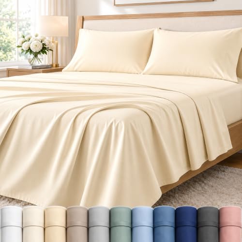 "400 Thread Count Queen Cotton Sheet Set, 15"" Deep Pocket Queen Sheet Set, Luxury Sateen Weave 4 Piece Naturally Cool Soft Breathable Elasticated Luxury Bedding For All Seasons- Semolina"