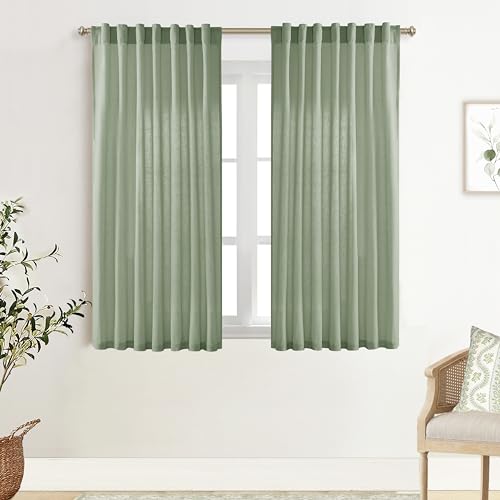 XTMYI Sage Green Back Tab/Hook Belt Linen Cotton Sheer Curtains 45 Inch Length for Bathroom Bedroom 2 Panels Set