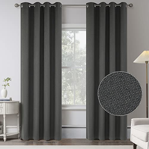 Charcoal/Dark Gray Linen 100% Blackout Curtains 84 inch length 2 panels for Bedroom - Burlap Textured Vintage Energy Saving Thermal Insulated Window Curtain Drapes for Living Room,W 52 x L 84 Inch