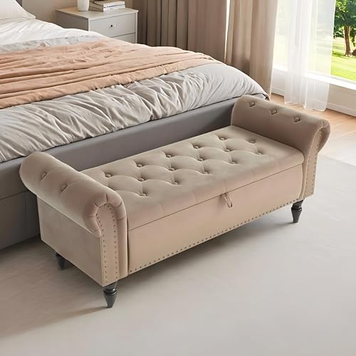 Clevich Ottoman Storage Bench, Velvet End of Bed Storage Box with Lid, Sturdy Wood Legs Footrest, 168KG Load Capacity, Sofa Bench for Bedroom/Living Room, 133x53x46cm