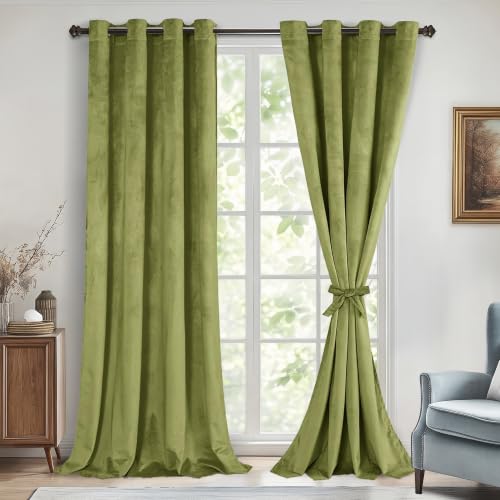 DWCN Velvet Curtains 108 Inches - Elegant Super Soft Tieable Window Curtains Panels Blackout Grommet Design Thick Fabric Window Dressing for Theater/Den/Dorm/Dining, Moss Green, W52 x L108, 2 Panels