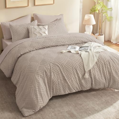 Litanika California King Comforter Set, 3 Pcs Tufted Boho Bedding Set - Oatmeal Farmhouse Shabby Chic Vintage Bohemian Textured Aesthetic Soft Fluffy Lightweight Breathable All Season Bed Set