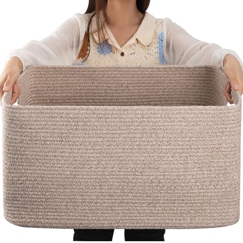 OIAHOMY 75L Large Blanket Basket, Woven Blanket Storage Basket with Handle, Cotton Rope Basket for Organizing 22”x17”x12”, Blanket Basket living Room, Toy Basket for Nursery, Brown variegated