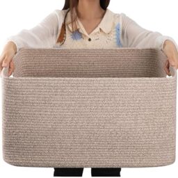 OIAHOMY 75L Large Blanket Basket, Woven Blanket Storage Basket with Handle, Cotton Rope Basket for Organizing 22”x17”x12”, Blanket Basket living Room, Toy Basket for Nursery, Brown variegated