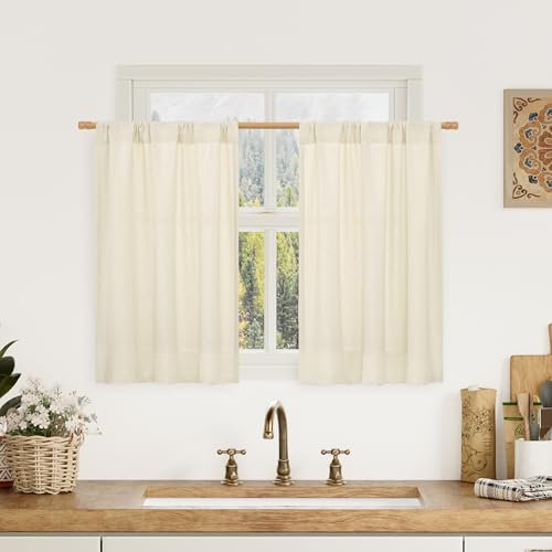 LAMIT Beige Linen Curtains 36 Inch Length, Faux Linen Textured Light Filtering Drapes for Cafe, Rod Pocket Boho Privacy Basement Window Panels for Small Windows/Farmhouse, 2 Panels, 29 x 36 Inch