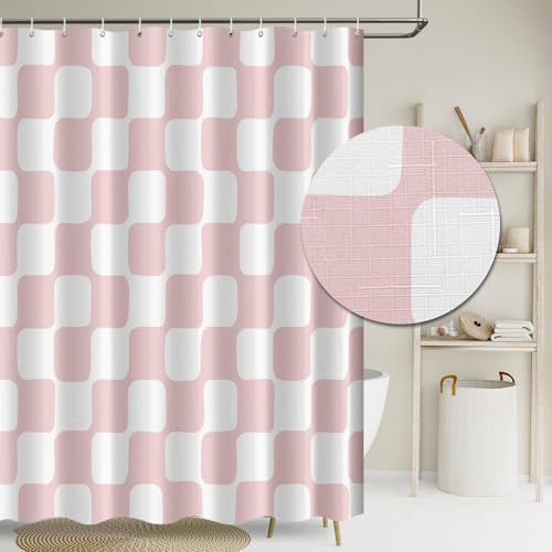 Tititex Retro Checkerboard Grid Pattern 140gsm Faux Linen Fabric Shower Curtain, White Blush Pink Classical Groovy Wavy Checkered Shower Curtain Sets Decoration 72x78 Inch with Hooks