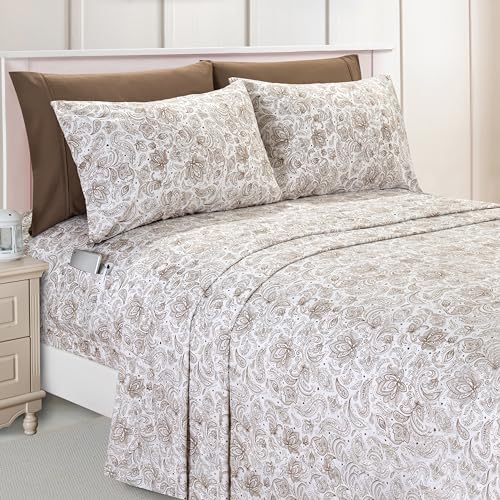 Elegant Comfort Amelia Paisley Printed 6-Piece Sheet Set, Deep Pocket 1500 Premium Hotel Quality, Fade and Wrinkle Resistant, Fitted sheets with Smart Pockets, Paisley Sheet Set, Cal King, Latte Taupe