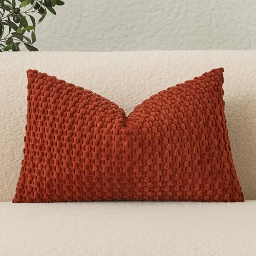 UGASA Velvet 12x20 Inch Lumbar Throw Pillow Cover, Both Sides Corduroy Striped, Soft Solid Decorative Rectangular Cushion Case for Couch/Bedroom/Car, 1 Piece, Burnt Brick