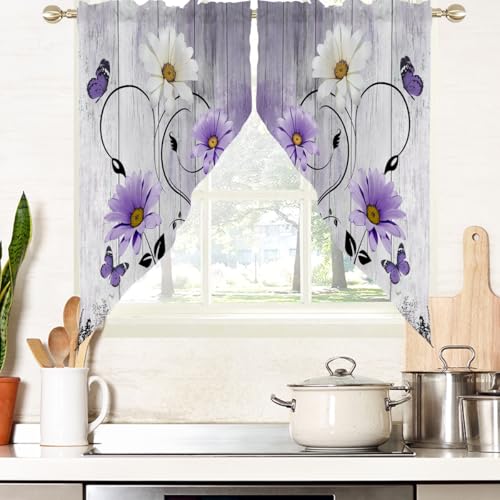 "AAtter Purple Floral Vintage Kitchen Swag Curtains, 28"" W x 36"" L, 2 Panels - Lavender and White Farmhouse Rod Pocket Valances, Country Rustic Flower, Cute Daisy Butterfly, Small Short Bathroom Toppers"