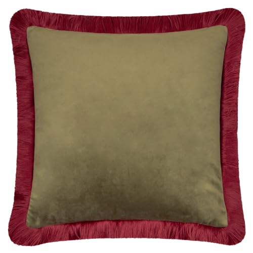 furn. Halo Fringed Velvet Feather Filled Cushion (Green/Red - 50x50cm) - Soft Colour Block Contrasting Trim Luxury Decorative Pillow