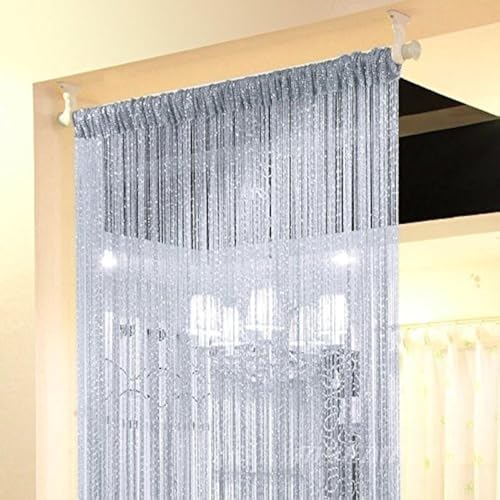 Eyotool 1x2 M Door String Curtain Rare Flat Silver Ribbon Thread Fringe Window Panel Room Divider Cute Strip Tassel for Wedding Coffee House Restaurant Parts, Silver-Gray