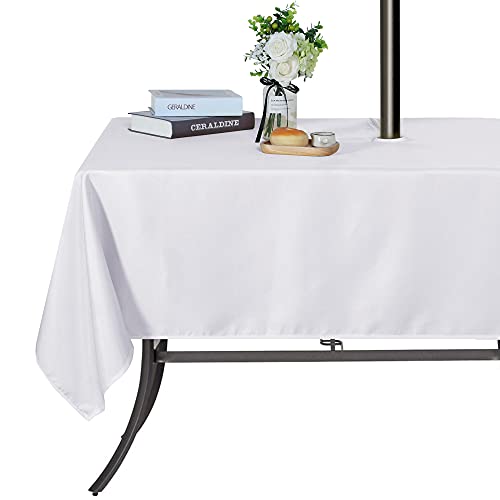 SARAFLORA Outdoor Tablecloth with Umbrella Hole and Zipper Waterproof Table Cloth for Rectangle Tables Washable Spill-Proof Table Cover for Spring/Summer/Patio/Picnic/BBQS/Party (60X84inch White)