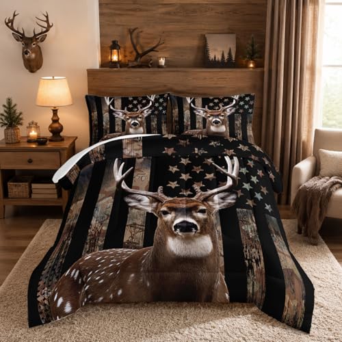HOSIMA Queen Size Duvet Cover Set with 2 Pillow Cases, Deer Hunting Camo Bedding Set for Boys Teens Girls Bedroom Decor Bedding Set Queen Size