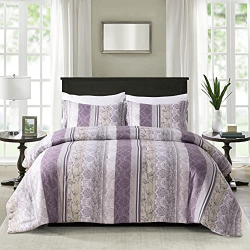 Sunshine Nicole Soft Brushed Microfiber Bedding Comforter Set, 7 Pieces King, with Light Weight Soft Poly Fill, Printed Faux Pieced Florals Face with Light Grey Reverse