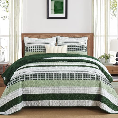 "DJY Striped Quilt Set Queen Size, Green Boho Bedspread Set 3 Pieces Patchwork Coverlet Bedding Set Lightweight Soft Microfiber for All Season (96""x90"")"