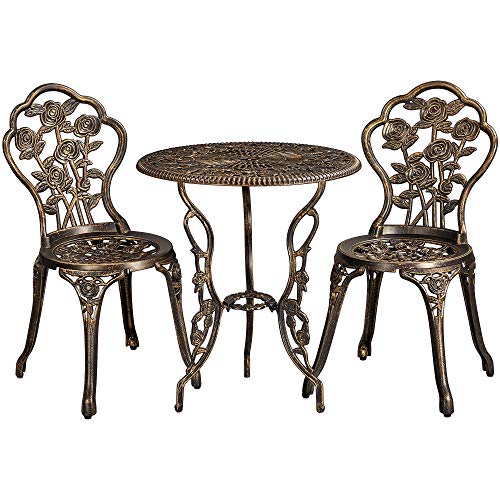 Yaheetech 3-Piece Patio Bistro Set, Outdoor AluminumTable and Chairs, Garden Dinging Furniture, Rose Design for Balcony, Porch, Lawn, Pool, Bronze