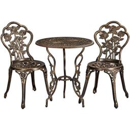 Yaheetech 3-Piece Patio Bistro Set, Outdoor AluminumTable and Chairs, Garden Dinging Furniture, Rose Design for Balcony, Porch, Lawn, Pool, Bronze