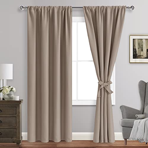 JIUZHEN Blackout Curtains for Bedroom - Thermal Insulated Room Darkening Rod Pocket Curtains for Living Room, Set of 2 Panels with Tiebacks, 38 x 84 Inch Length, Camel