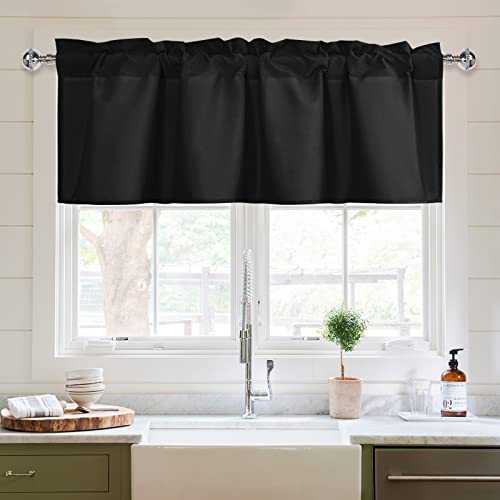 XWZO Kitchen Valances Curtains for Windows Living Room Bedroom Bathroom Toppers Farmhouse Style Rustic Dinning Room Blackout Thermal Insulated Rod Pocket, W60 x L18 Inch Length, Black, 1 Panel.