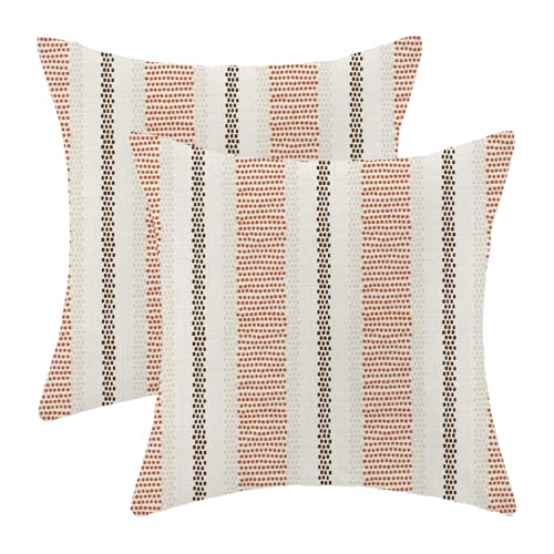AEIOAE Burnt Orange Brown Outdoor Pillow Covers 18 x 18 Inch,Fall Boho Polka Dots Striped Decor Throw Pillows for Couch Bed,Geometric Farmhouse Decorative Pillowcase Linen Cushion Cover Set of 2