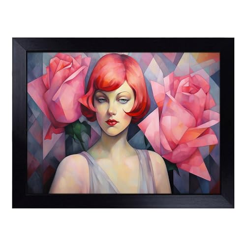 Lap Tray with Bean Bag Cushion, Rose Art Deco - Handmade in the UK, Raised Wooden Edge, Padded Cushion, Heat-Resistant Wipe-Clean Surface, for Meals, Laptops and Crafts