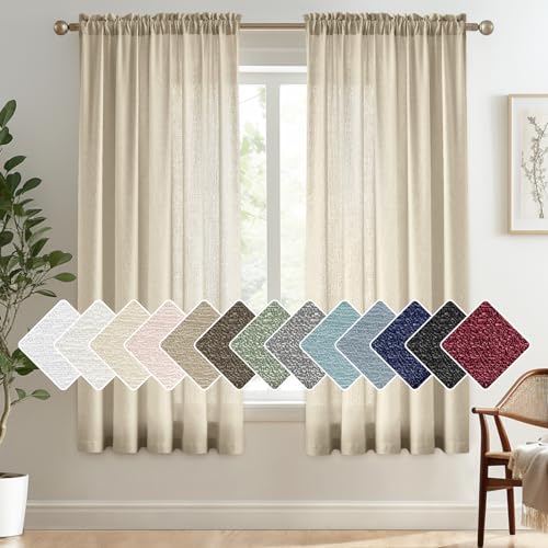 "Melodieux Tan Semi Sheer Curtains 45 Inch Length, Small Window Sheer Curtains, Bedroom Kitchen Linen Look Farmhouse Light Filtering Shiny Sheer Drapes Rod Pocket, 52"" W x 45"" L, 2 Panels"